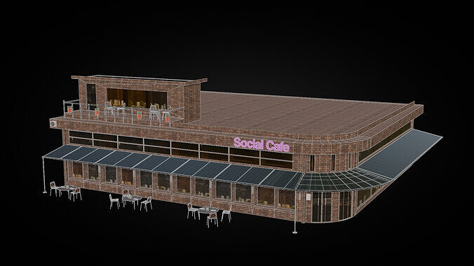 3D Cafe Building Low-poly 3D model 7