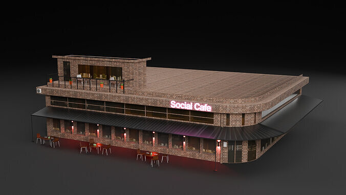 3D Cafe Building Low-poly 3D model 2