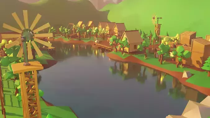 Village Scene with Detailed Environment Low-poly 3D model
