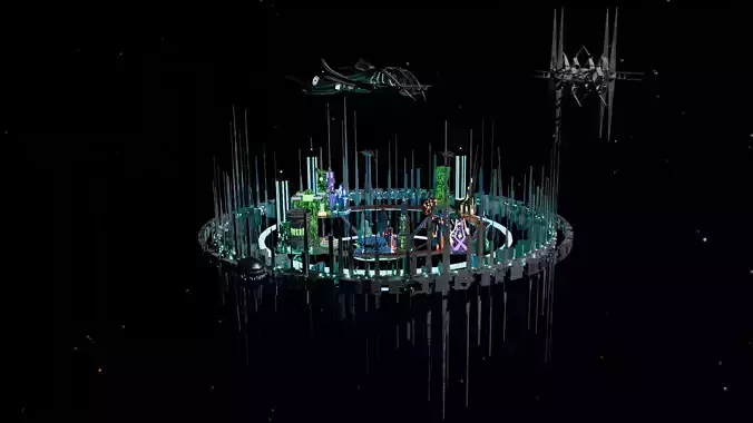3D Sci-Fi City with Rigged Space Ship 3D model