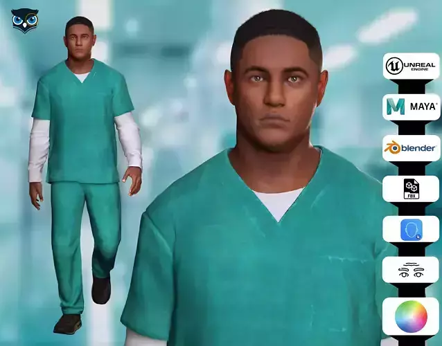 Doctor Nurse in Scrubs High-Quality 3D Character Low-poly 3D model