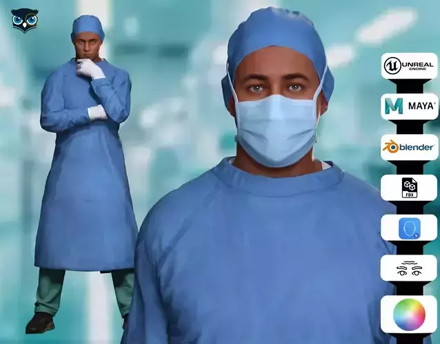 Surgeon in PPE 3D Model Rigged Game Ready Low-poly 3D model