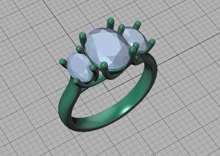3 Stone Engagement Trellis Ring 9x7 Oval stone 6x4 side gems 3D print model_44
