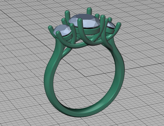 3 Stone Engagement Trellis Ring 9x7 Oval stone 6x4 side gems 3D print model_43