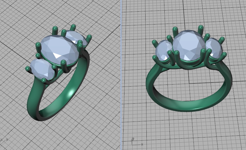 3 Stone Engagement Trellis Ring 9x7 Oval stone 6x4 side gems 3D print model_39