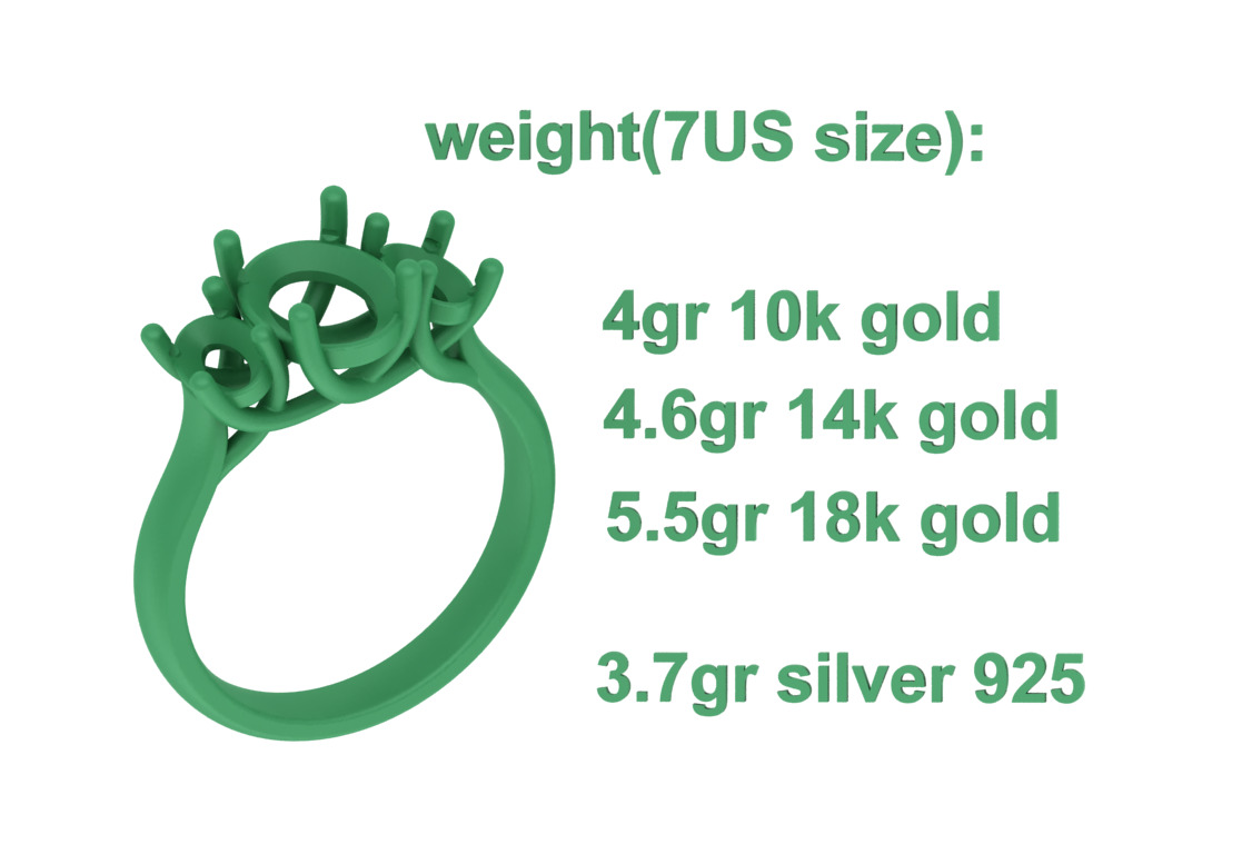 3 Stone Engagement Trellis Ring 9x7 Oval stone 6x4 side gems 3D print model_11