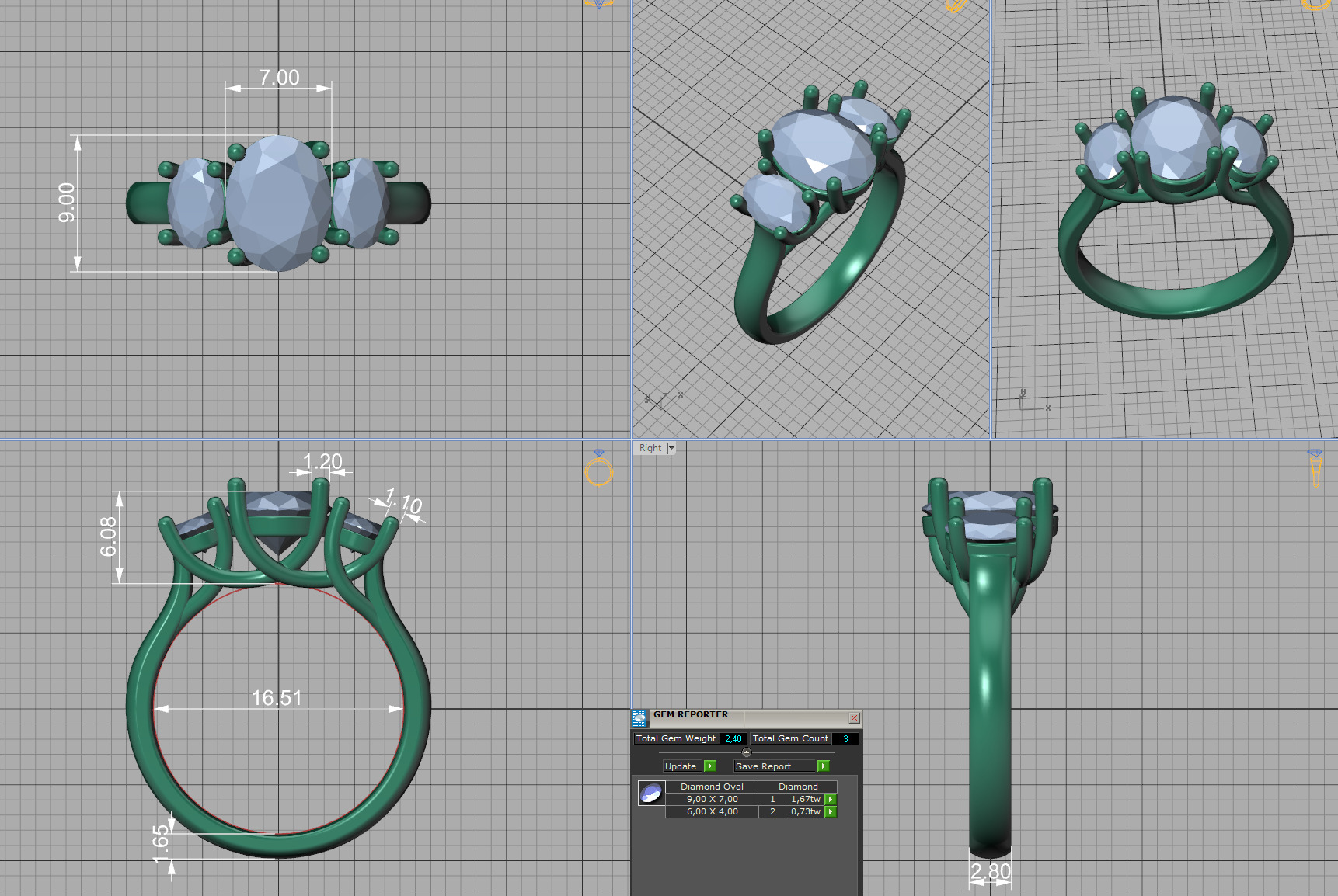 3 Stone Engagement Trellis Ring 9x7 Oval stone 6x4 side gems 3D print model_8