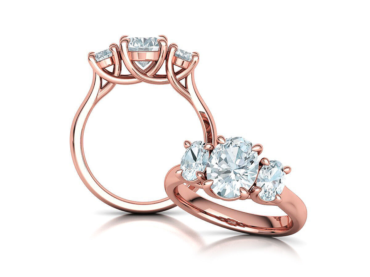 3 Stone Engagement Trellis Ring 9x7 Oval stone 6x4 side gems 3D print model_4