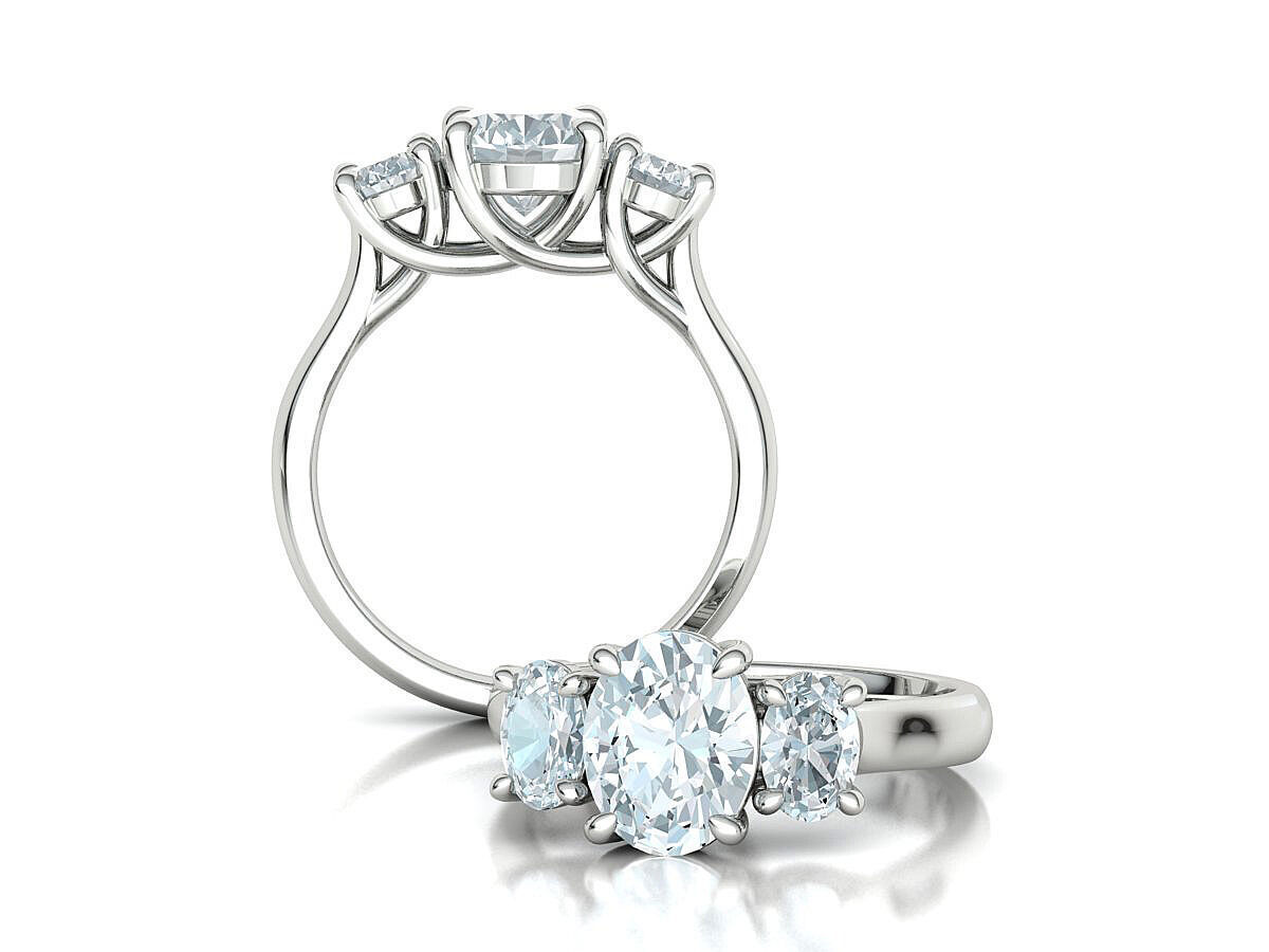 3 Stone Engagement Trellis Ring 9x7 Oval stone 6x4 side gems 3D print model_7