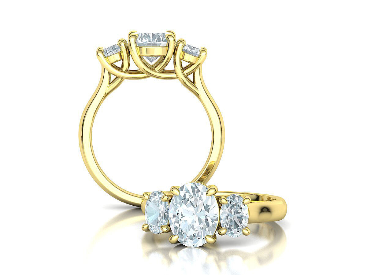 3 Stone Engagement Trellis Ring 9x7 Oval stone 6x4 side gems 3D print model_6