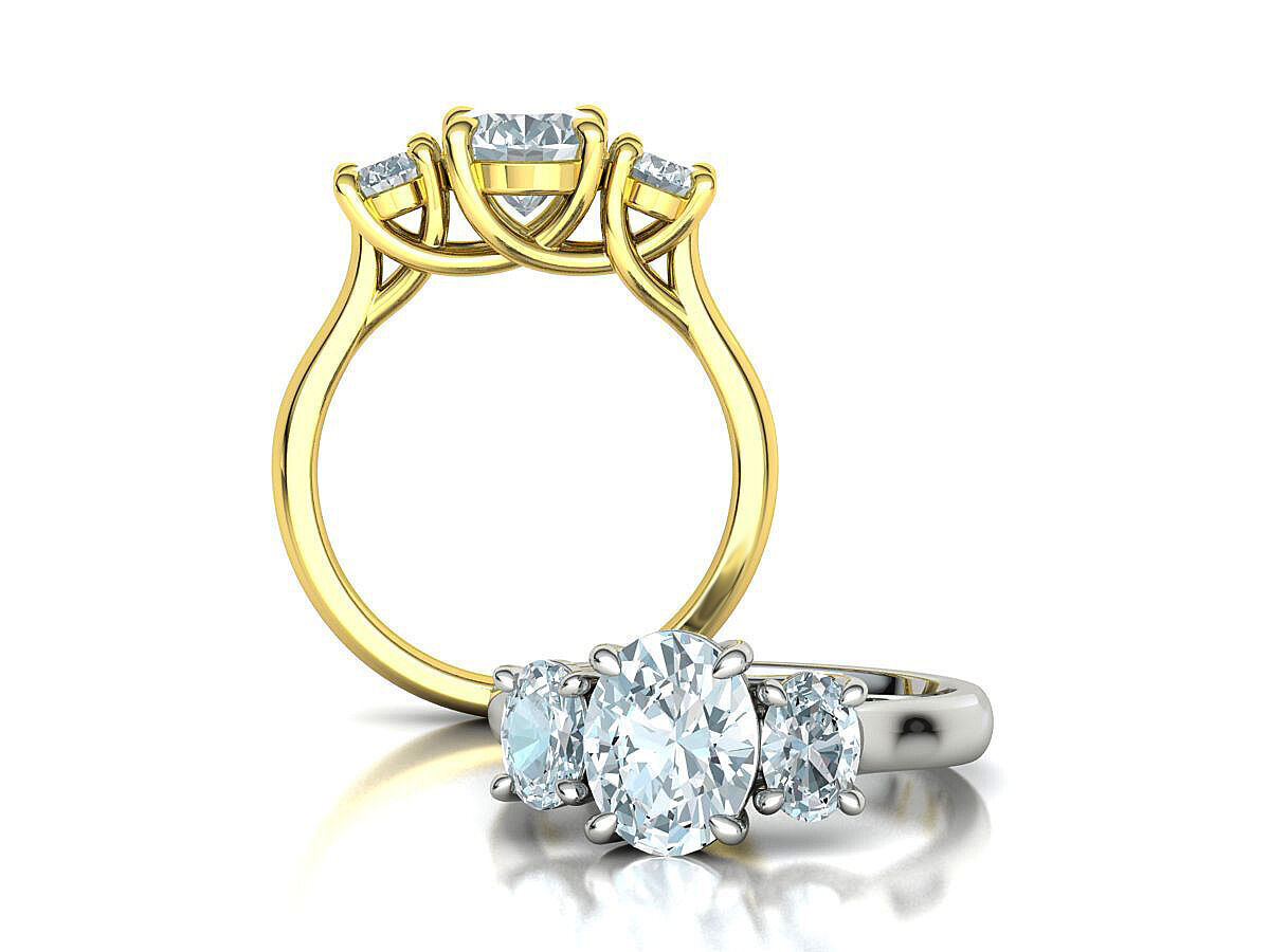 3 Stone Engagement Trellis Ring 9x7 Oval stone 6x4 side gems 3D print model_2