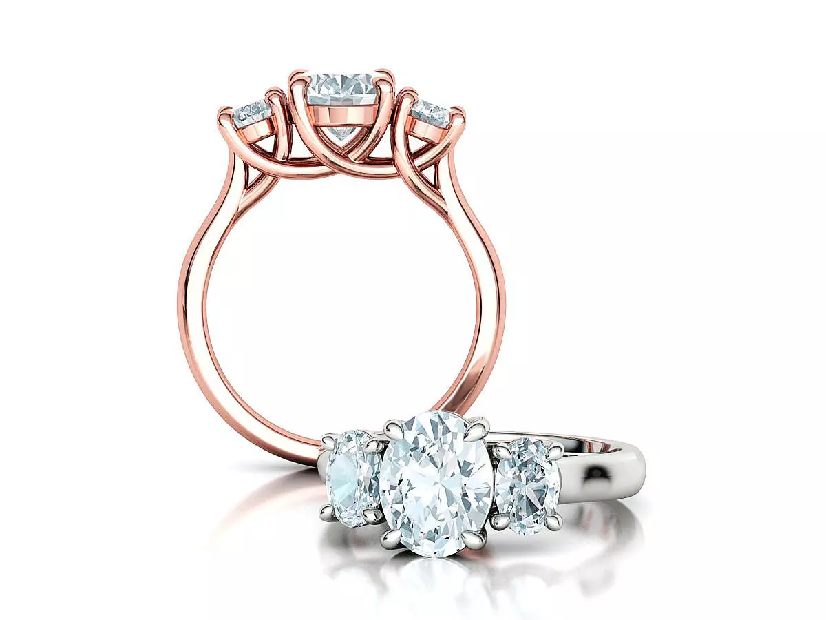 3 Stone Engagement Trellis Ring 9x7 Oval stone 6x4 side gems 3D print model_0