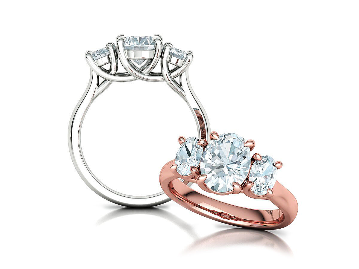 3 Stone Engagement Trellis Ring 9x7 Oval stone 6x4 side gems 3D print model_3