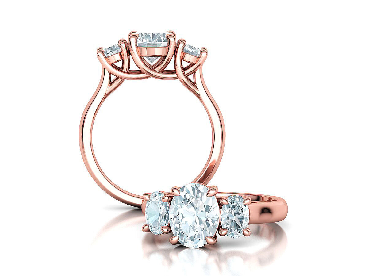 3 Stone Engagement Trellis Ring 9x7 Oval stone 6x4 side gems 3D print model_5