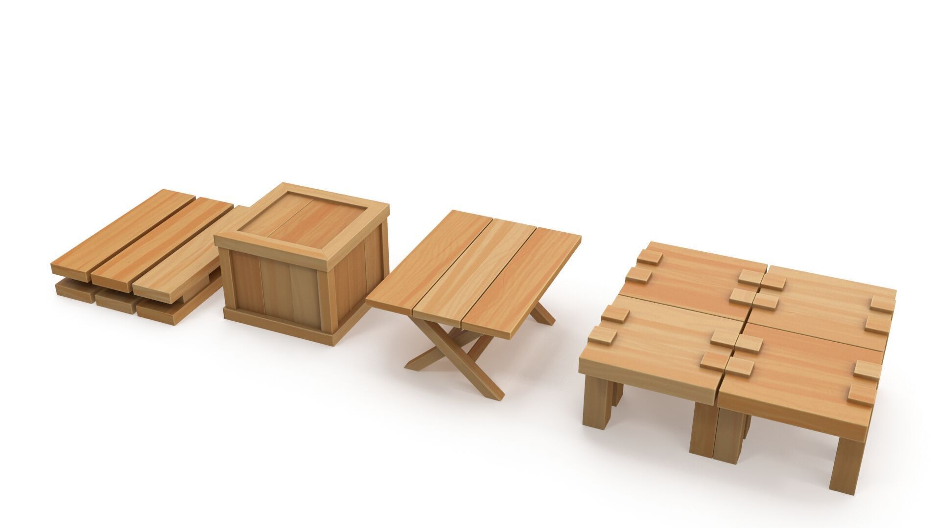 Cartoon tables pallet and box 3D model_1