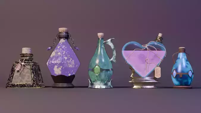 Stylized Magic Potion Bottles  Game Ready Fantasy Prop Set
