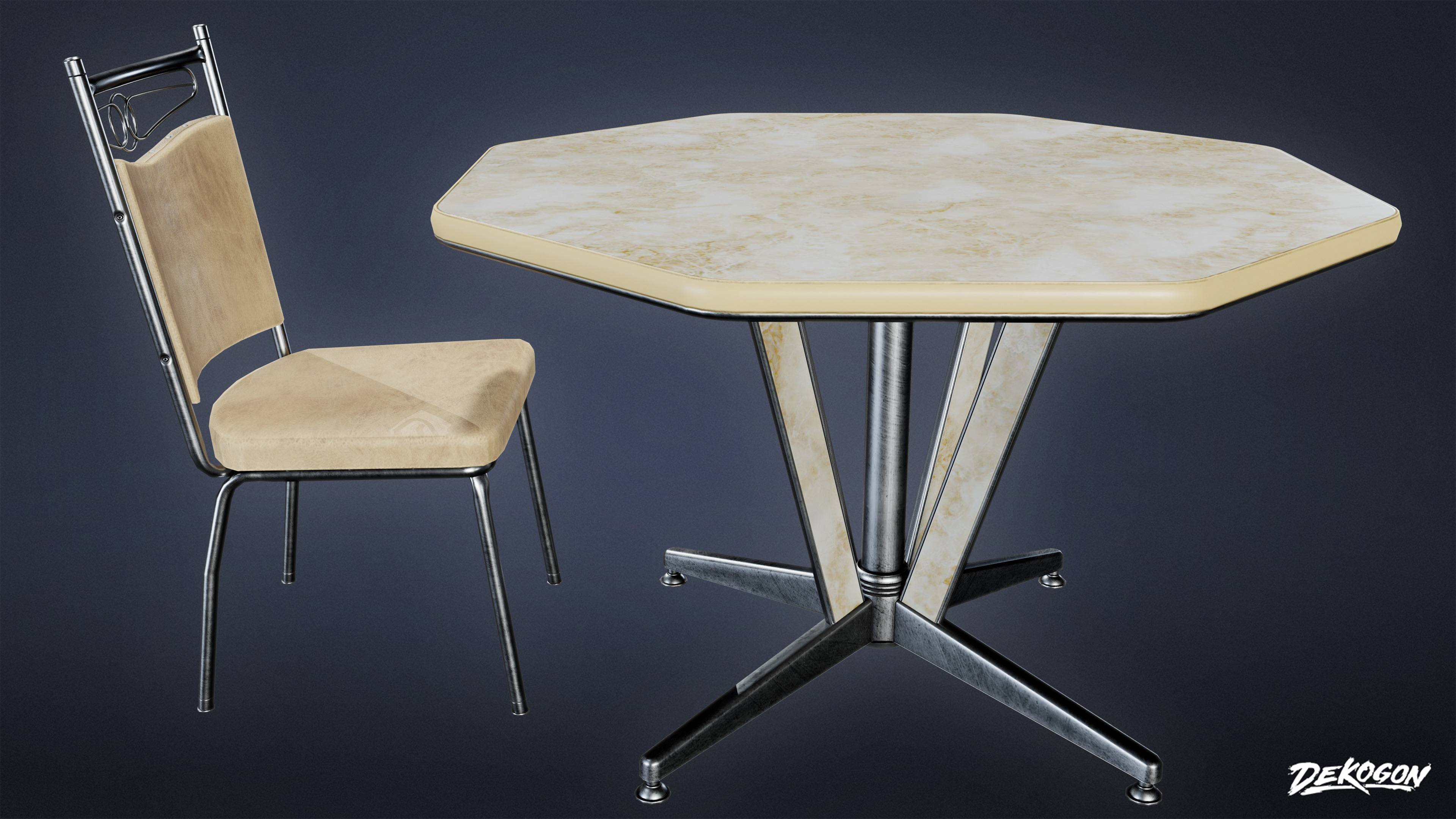 MIDCENTURY - Table and Chair 01 - LOW POLY Low-poly 3D model_1