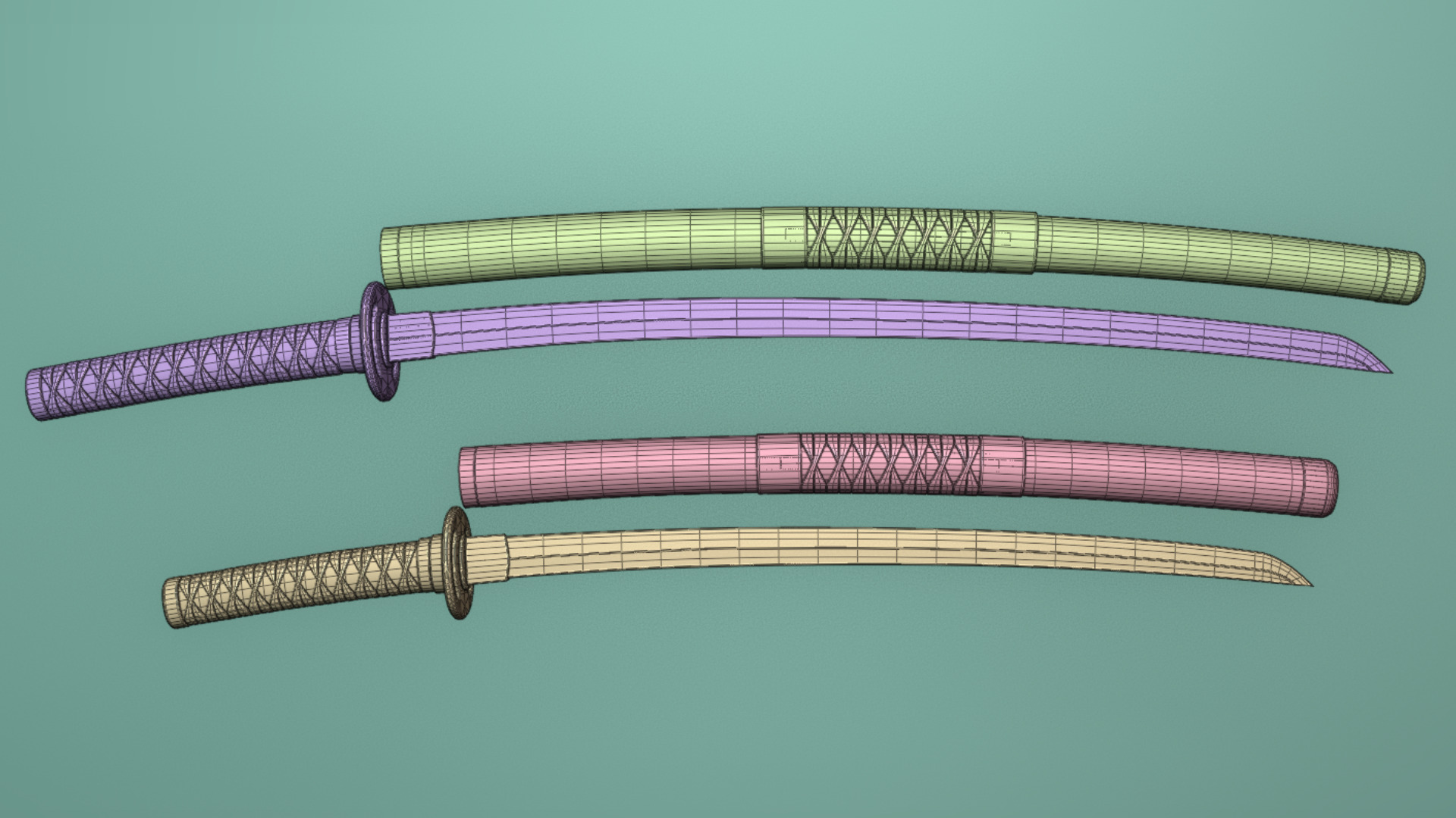 Brow Double Bladed Katana Wakizashi and Stand 3D model_15
