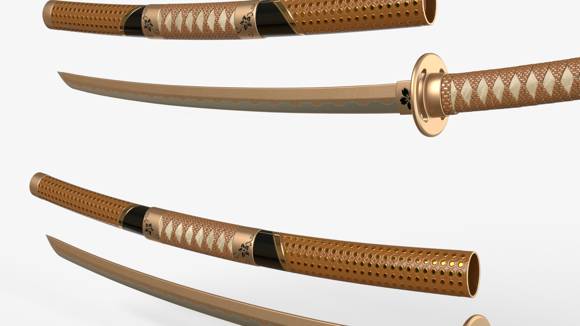 Brow Double Bladed Katana Wakizashi and Stand 3D model_7