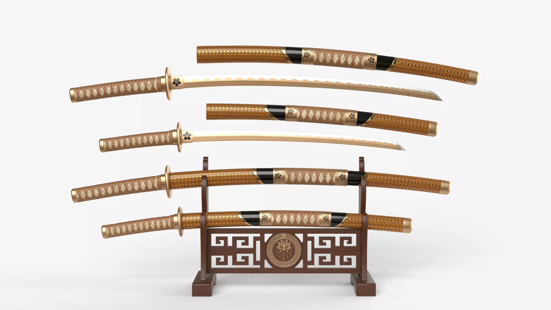 Brow Double Bladed Katana Wakizashi and Stand 3D model_0