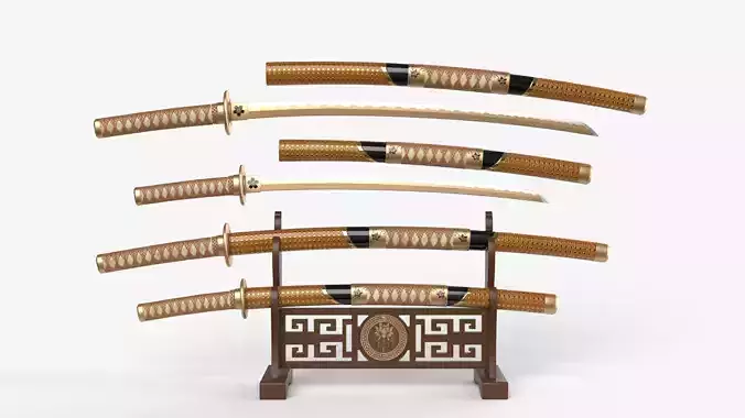 Brow Double Bladed Katana Wakizashi and Stand 3D model Brow Double Bladed Katana Wakizashi and Stand 3D model