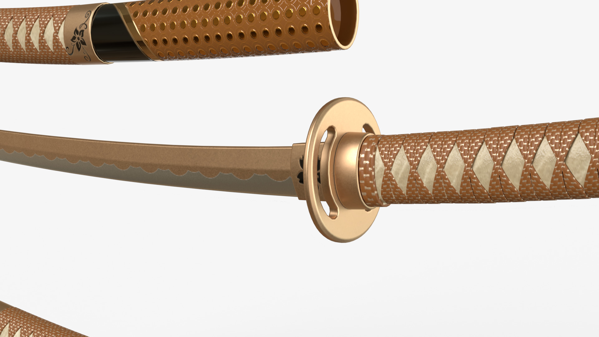Brow Double Bladed Katana Wakizashi and Stand 3D model_9