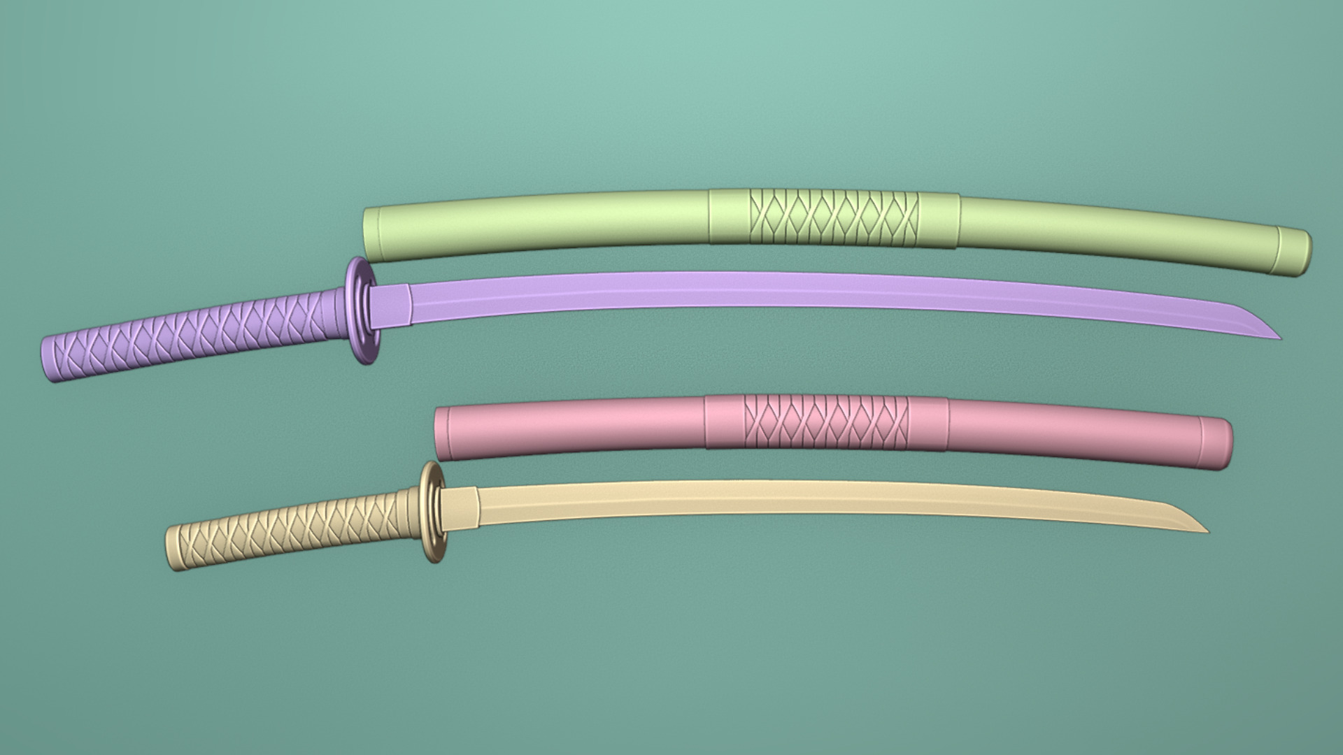 Brow Double Bladed Katana Wakizashi and Stand 3D model_13