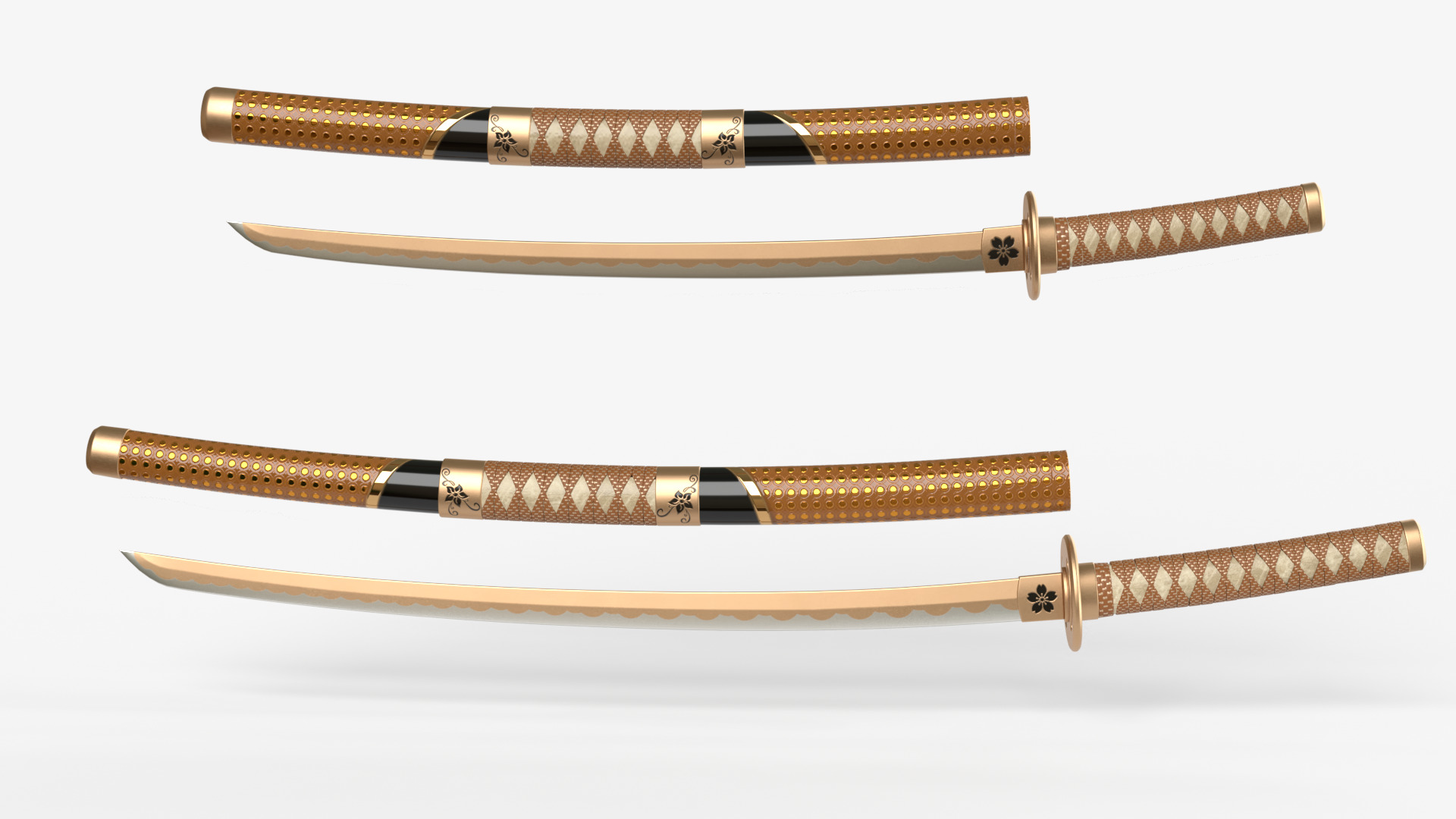 Brow Double Bladed Katana Wakizashi and Stand 3D model_3