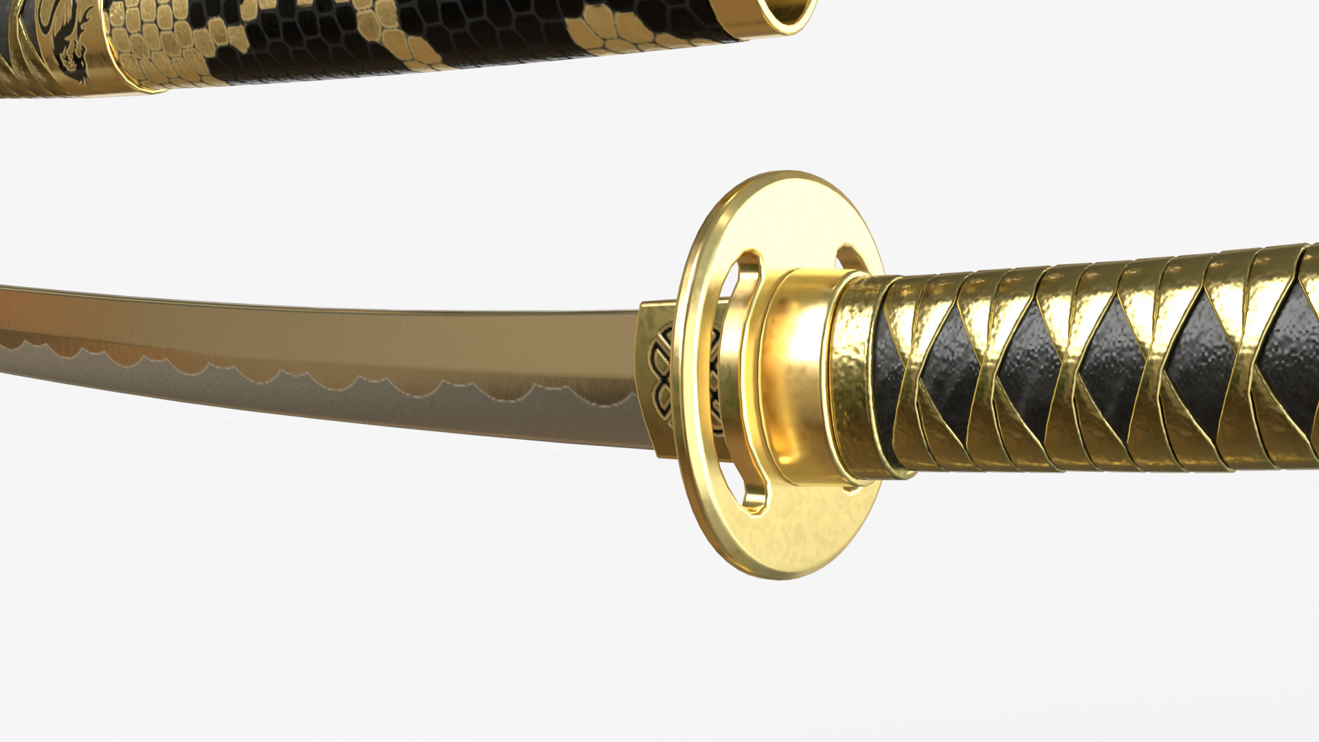 Gold Double Bladed Katana Wakizashi and Stand 3D model_9