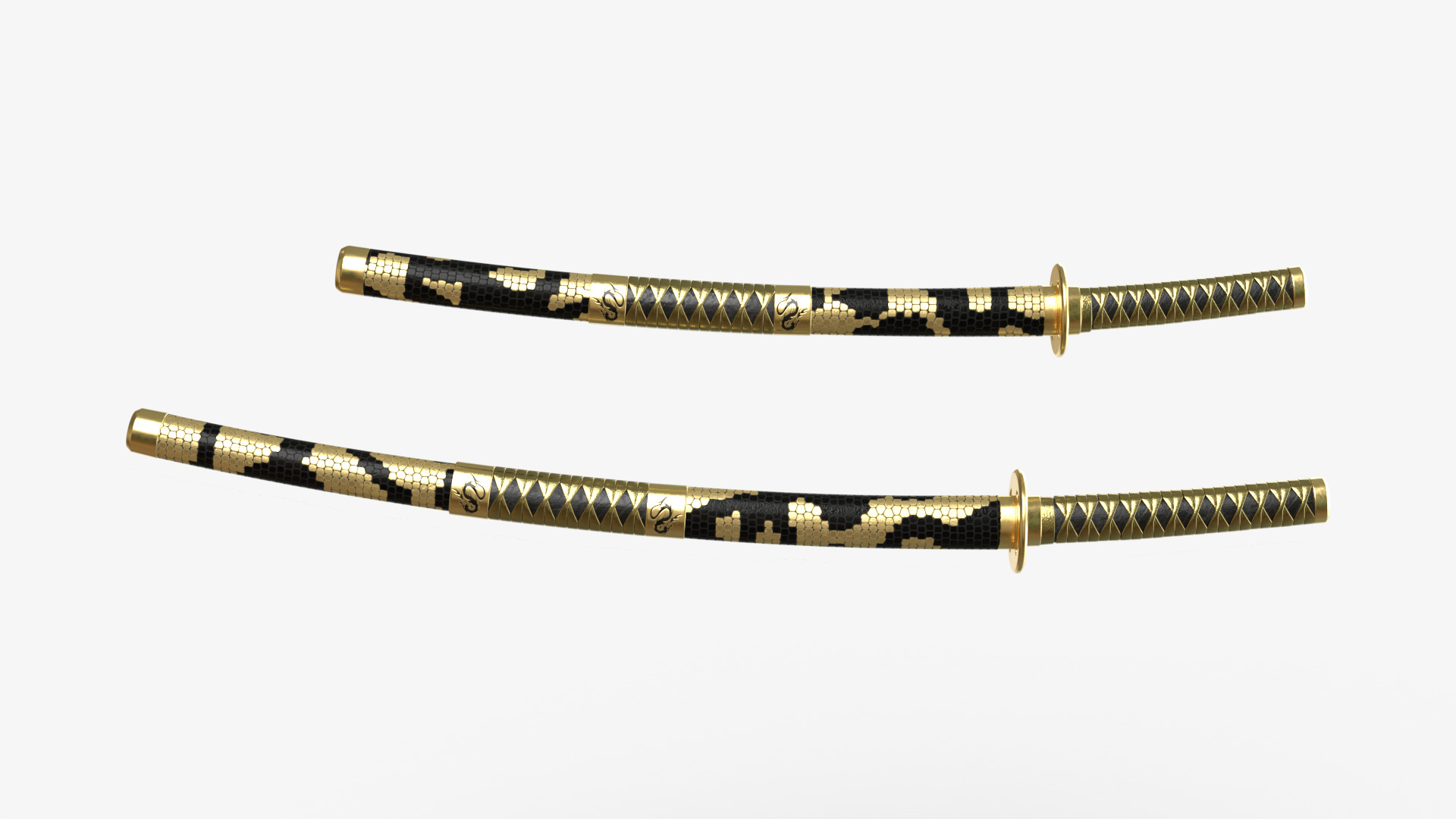 Gold Double Bladed Katana Wakizashi and Stand 3D model_2