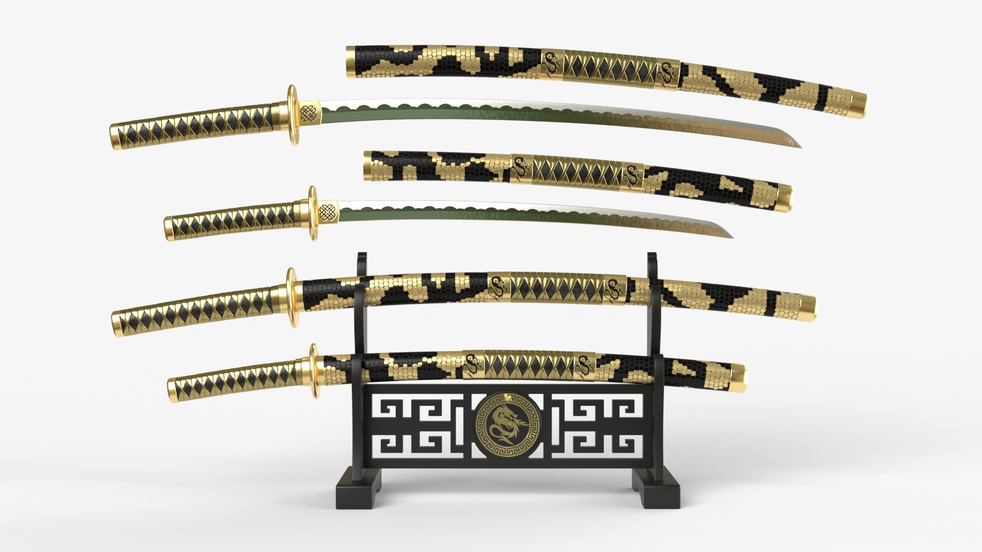 Gold Double Bladed Katana Wakizashi and Stand 3D model_14