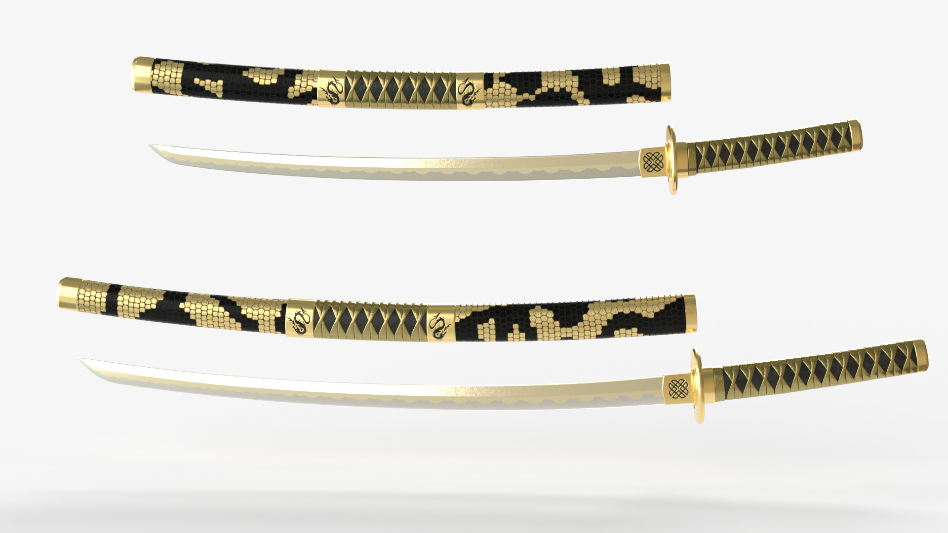 Gold Double Bladed Katana Wakizashi and Stand 3D model_3