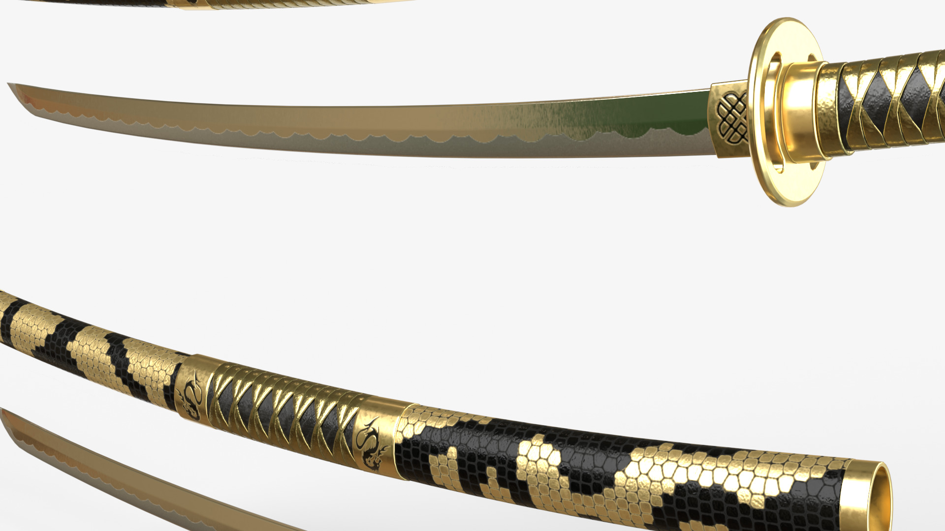 Gold Double Bladed Katana Wakizashi and Stand 3D model_7