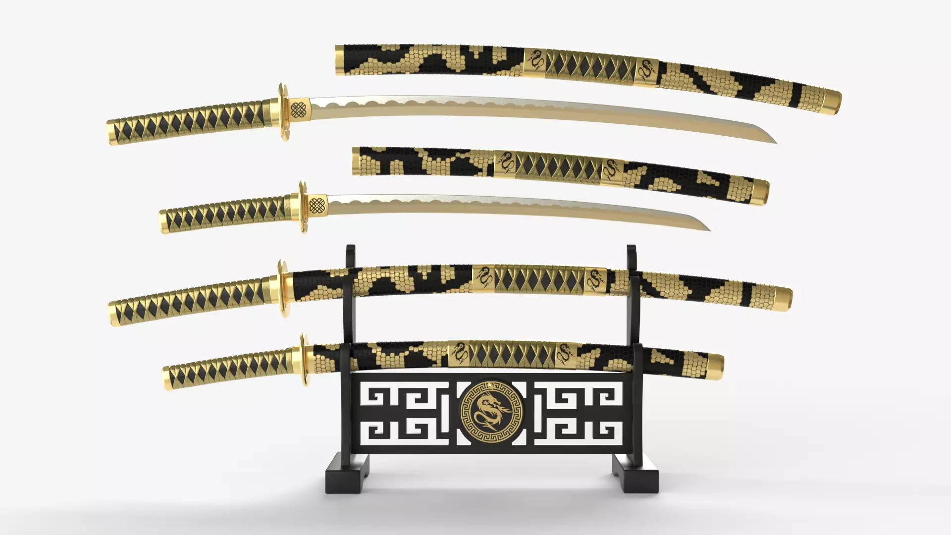 Gold Double Bladed Katana Wakizashi and Stand 3D model_0