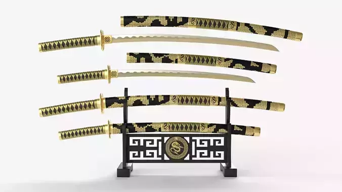 Gold Double Bladed Katana Wakizashi and Stand 3D model Gold Double Bladed Katana Wakizashi and Stand 3D model