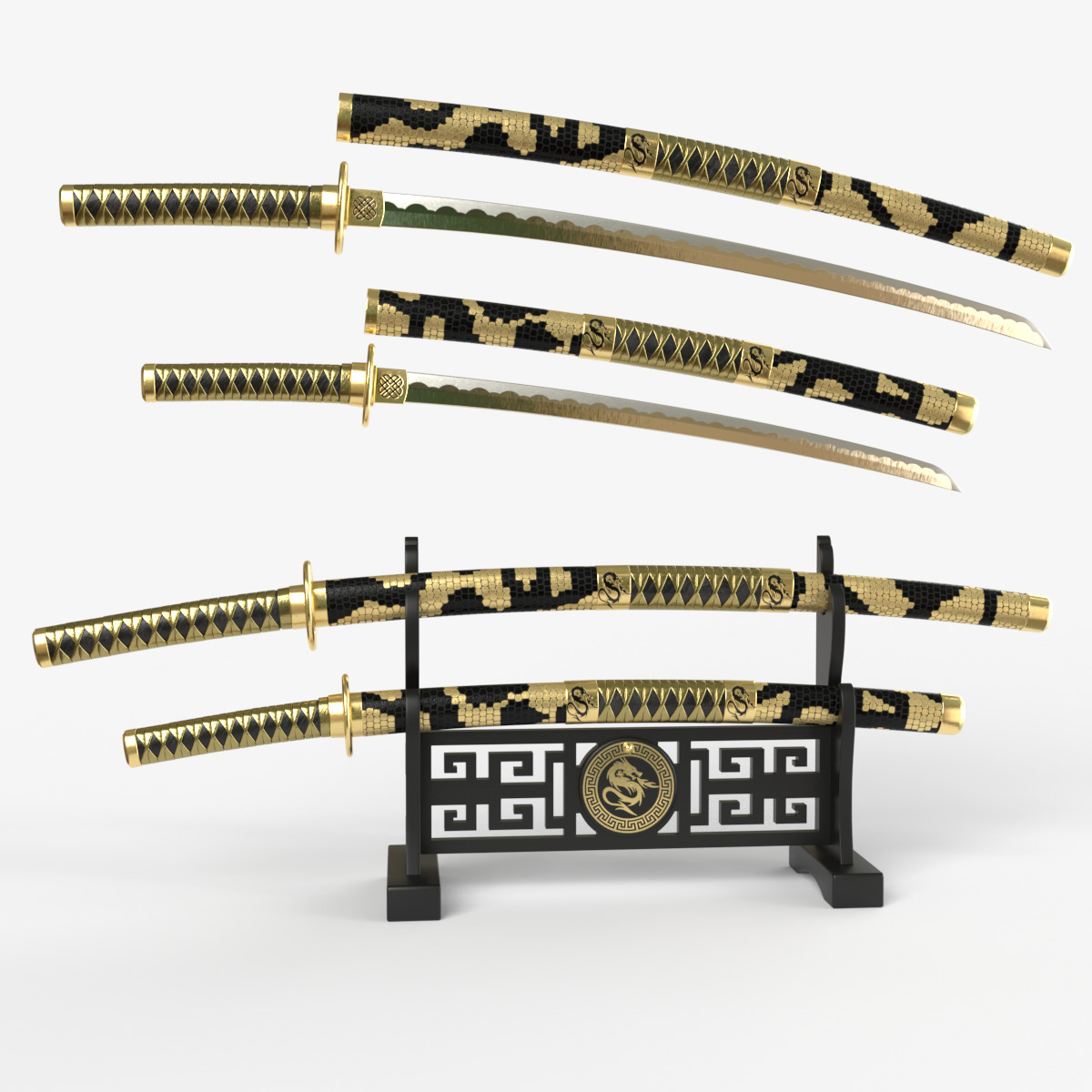Gold Double Bladed Katana Wakizashi and Stand 3D model_13