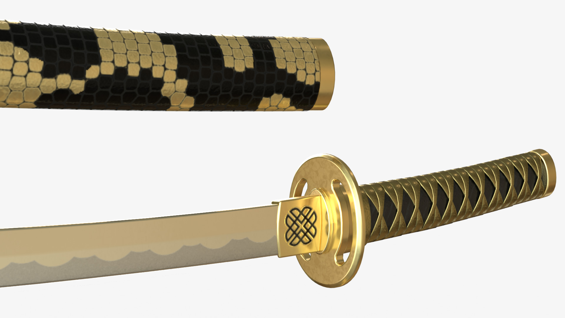 Gold Double Bladed Katana Wakizashi and Stand 3D model_8