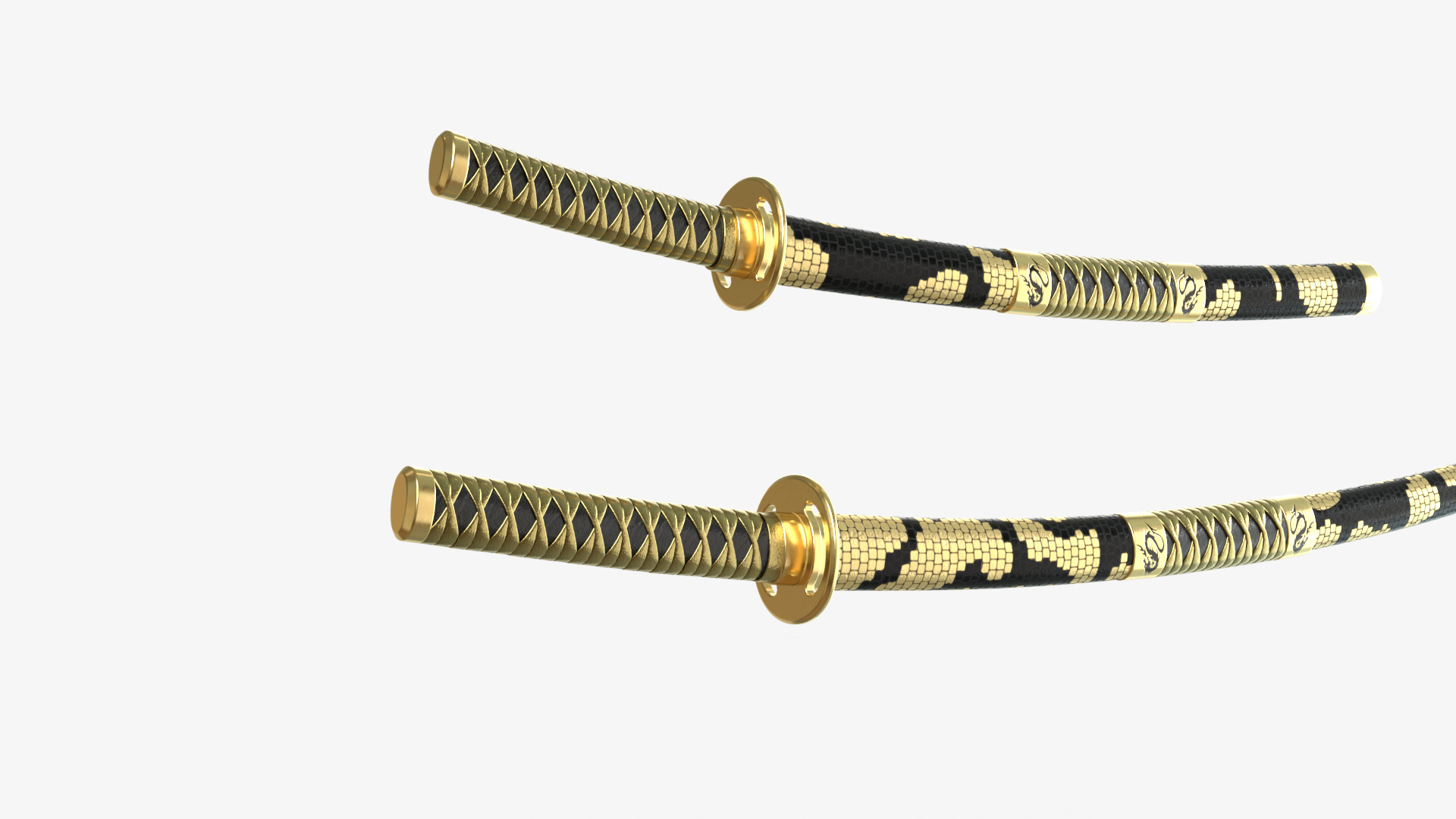 Gold Double Bladed Katana Wakizashi and Stand 3D model_4