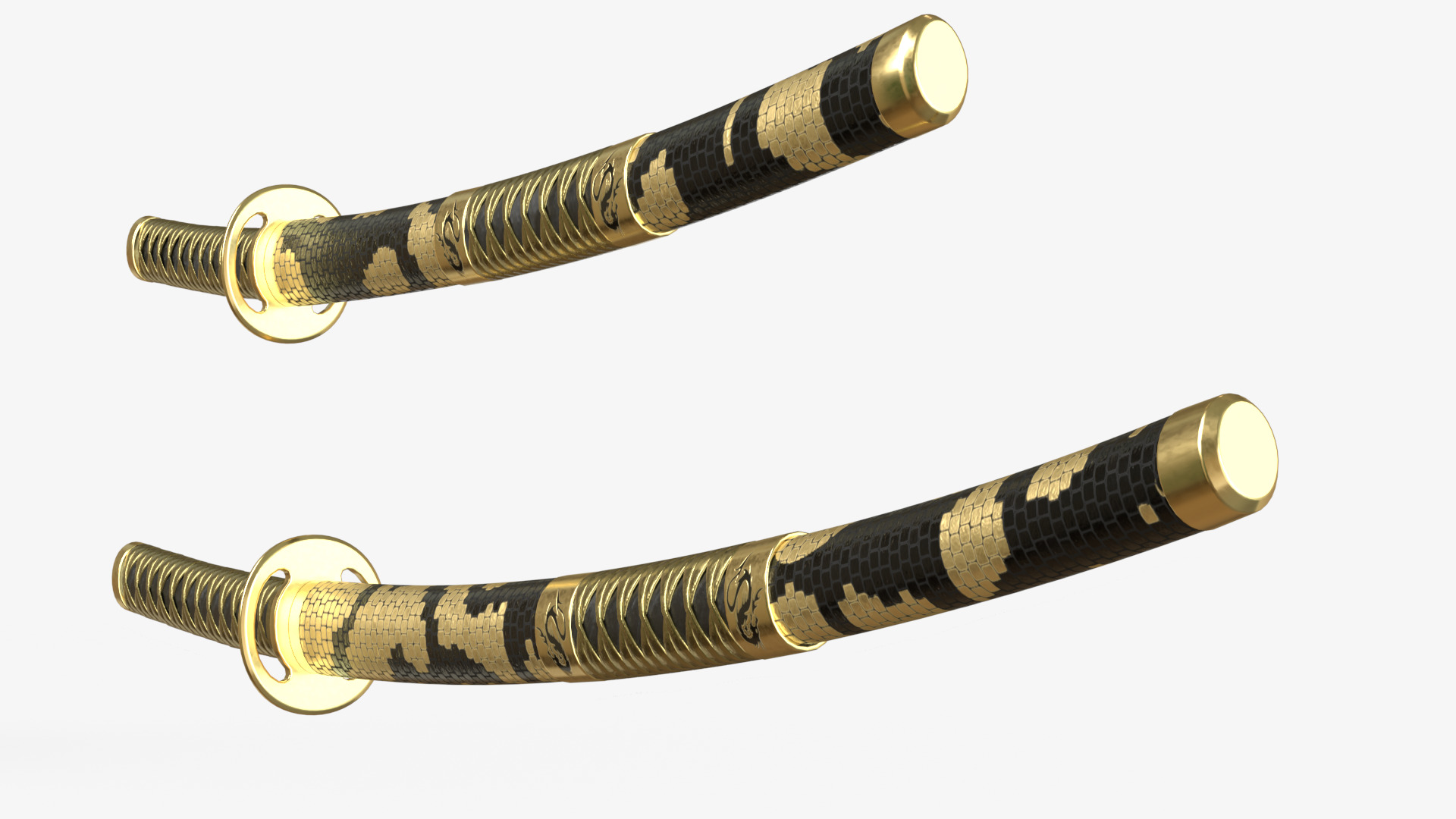 Gold Double Bladed Katana Wakizashi and Stand 3D model_6