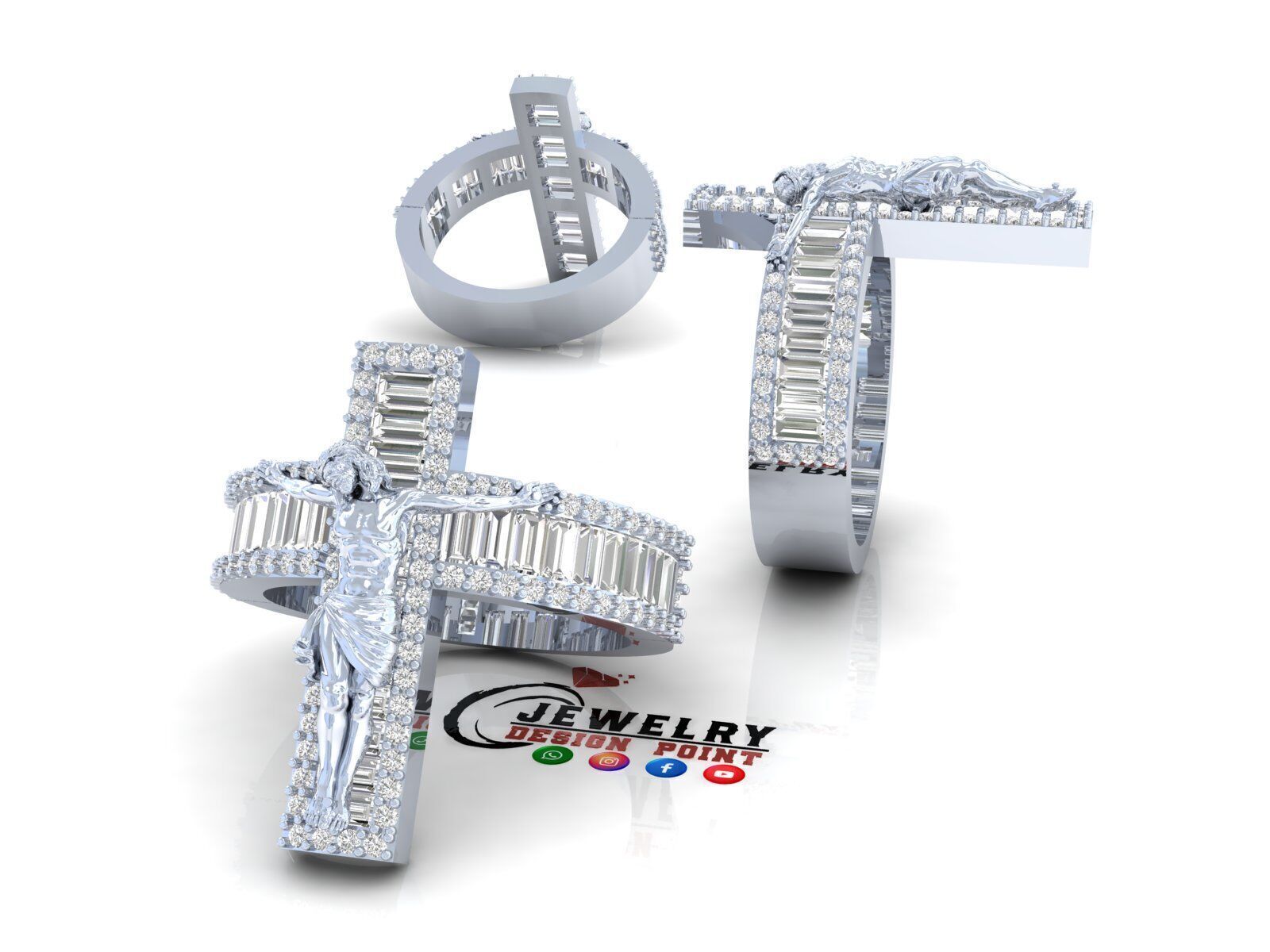 Custom Jesus Cross Ring With Baguette Diamonds - Religion Ring 3D print model_3