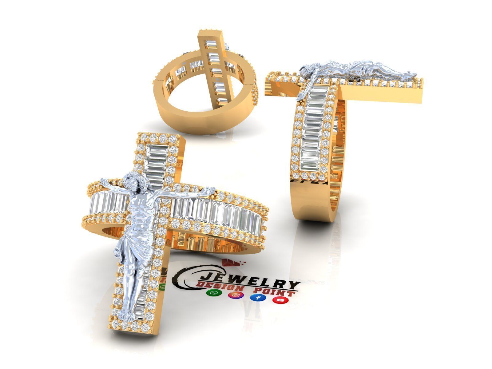 Custom Jesus Cross Ring With Baguette Diamonds - Religion Ring 3D print model_2