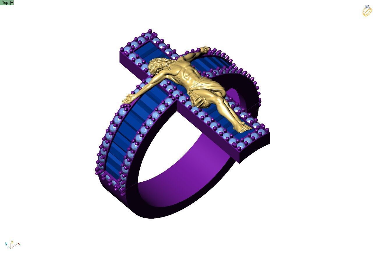 Custom Jesus Cross Ring With Baguette Diamonds - Religion Ring 3D print model_8