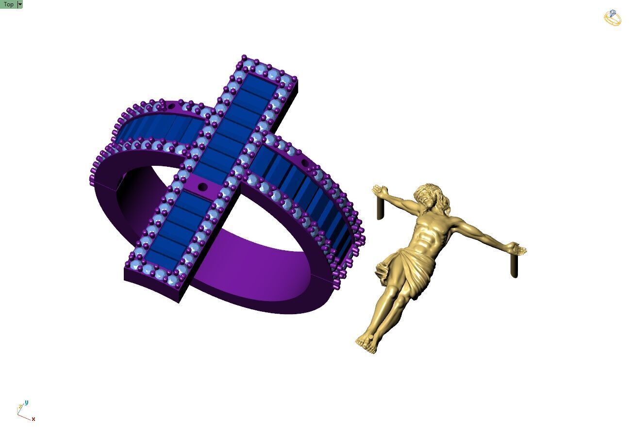 Custom Jesus Cross Ring With Baguette Diamonds - Religion Ring 3D print model_9