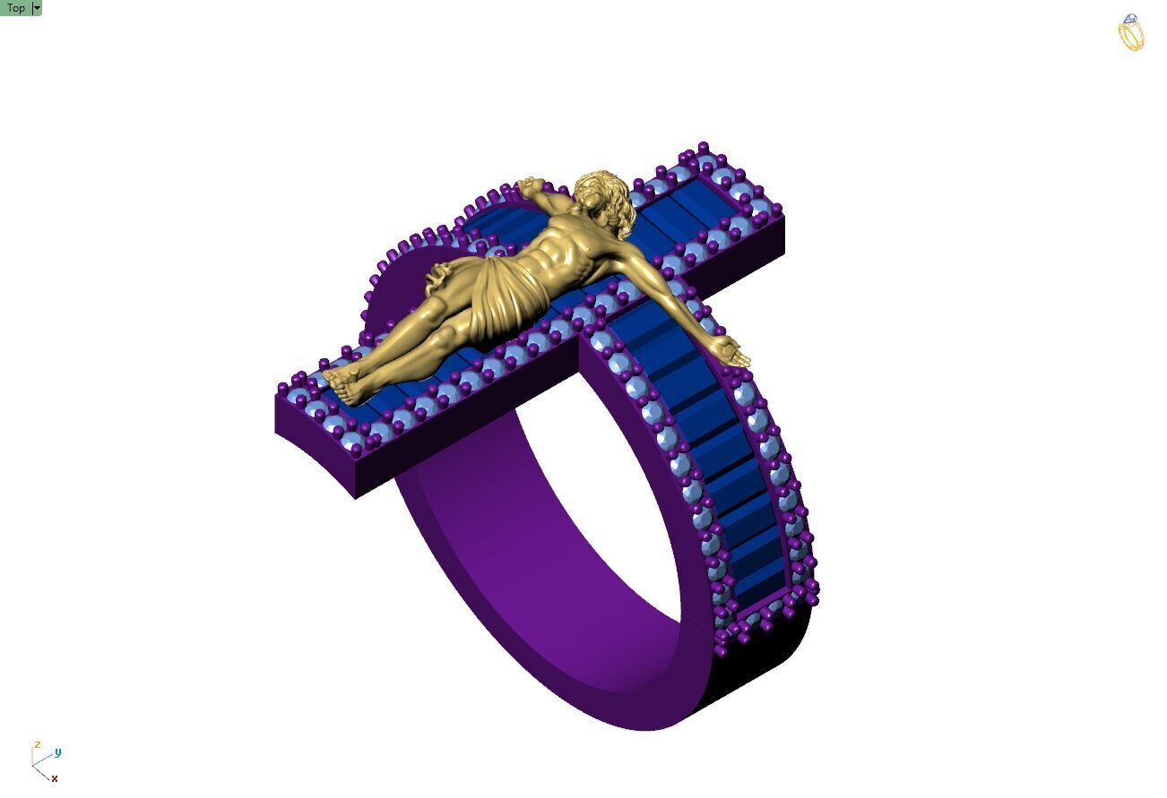 Custom Jesus Cross Ring With Baguette Diamonds - Religion Ring 3D print model_7