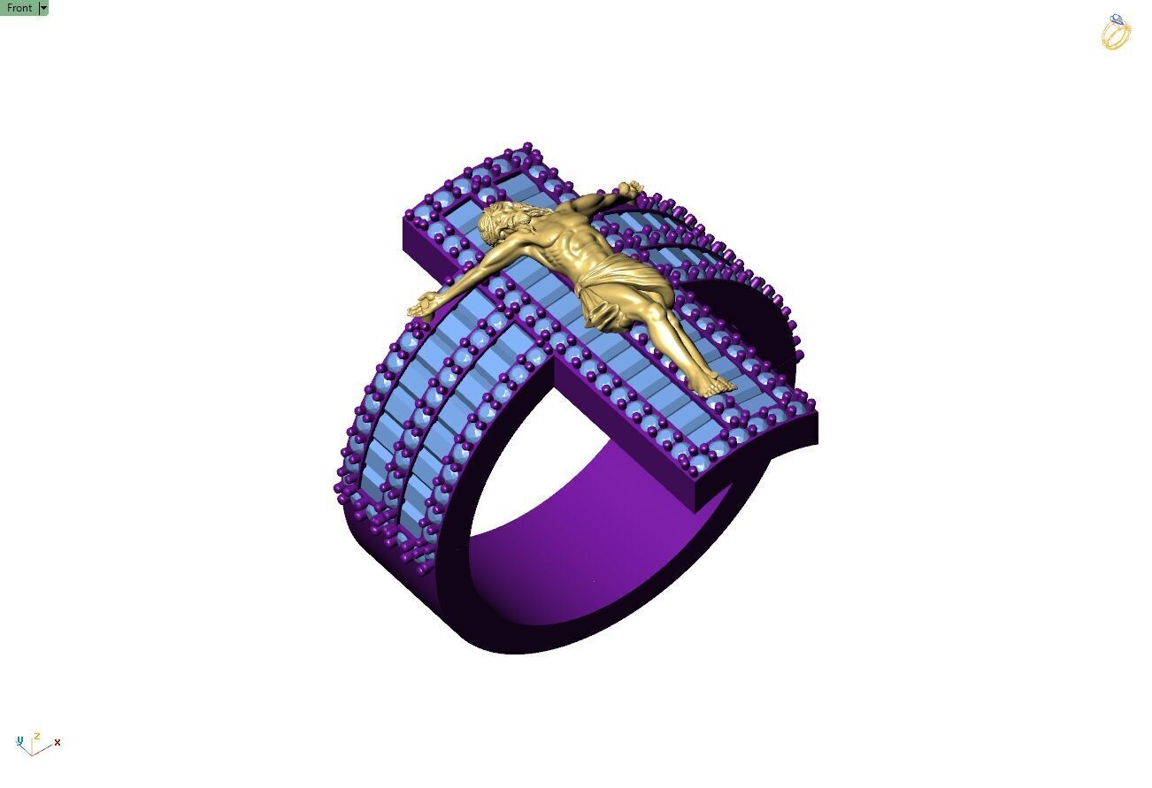 Custom Jesus Cross Ring With Baguette Diamonds - Religion Ring 3D print model_8