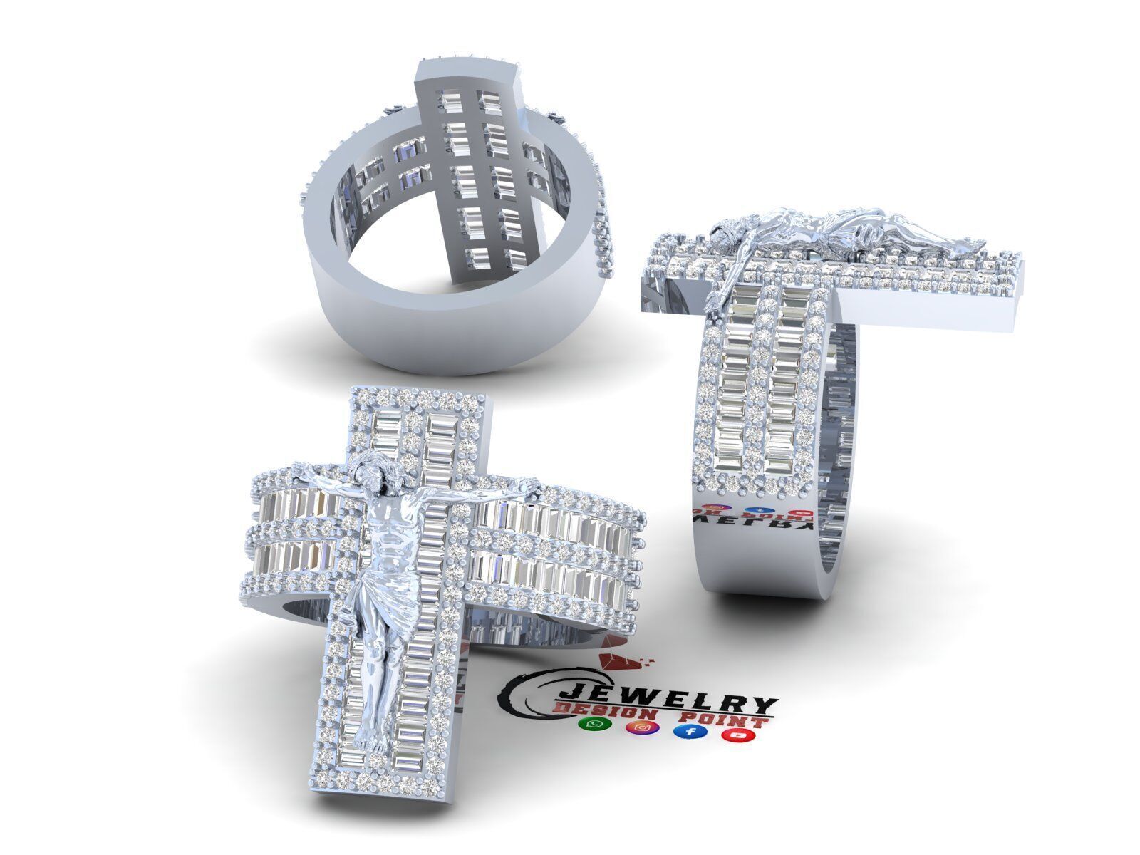 Custom Jesus Cross Ring With Baguette Diamonds - Religion Ring 3D print model_3