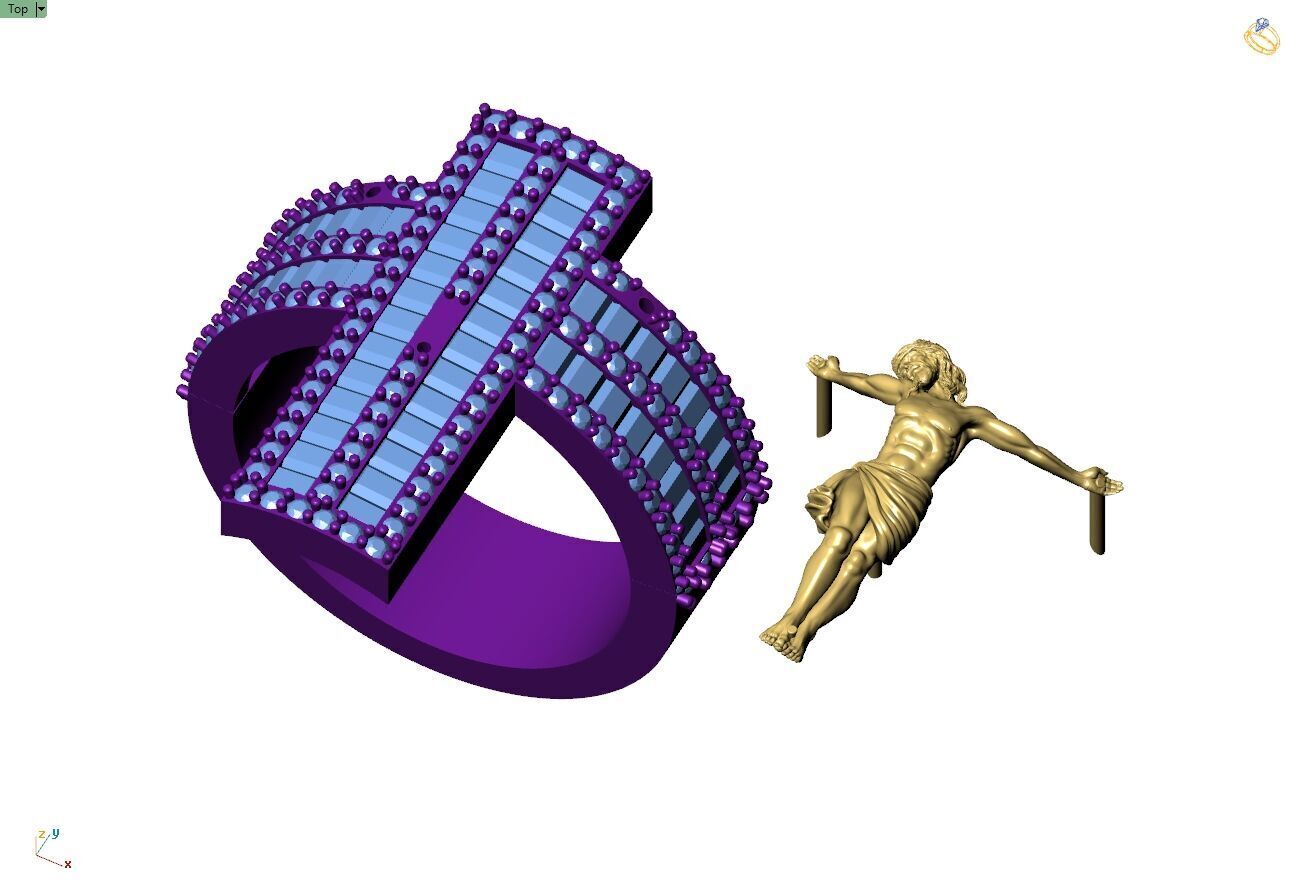 Custom Jesus Cross Ring With Baguette Diamonds - Religion Ring 3D print model_9