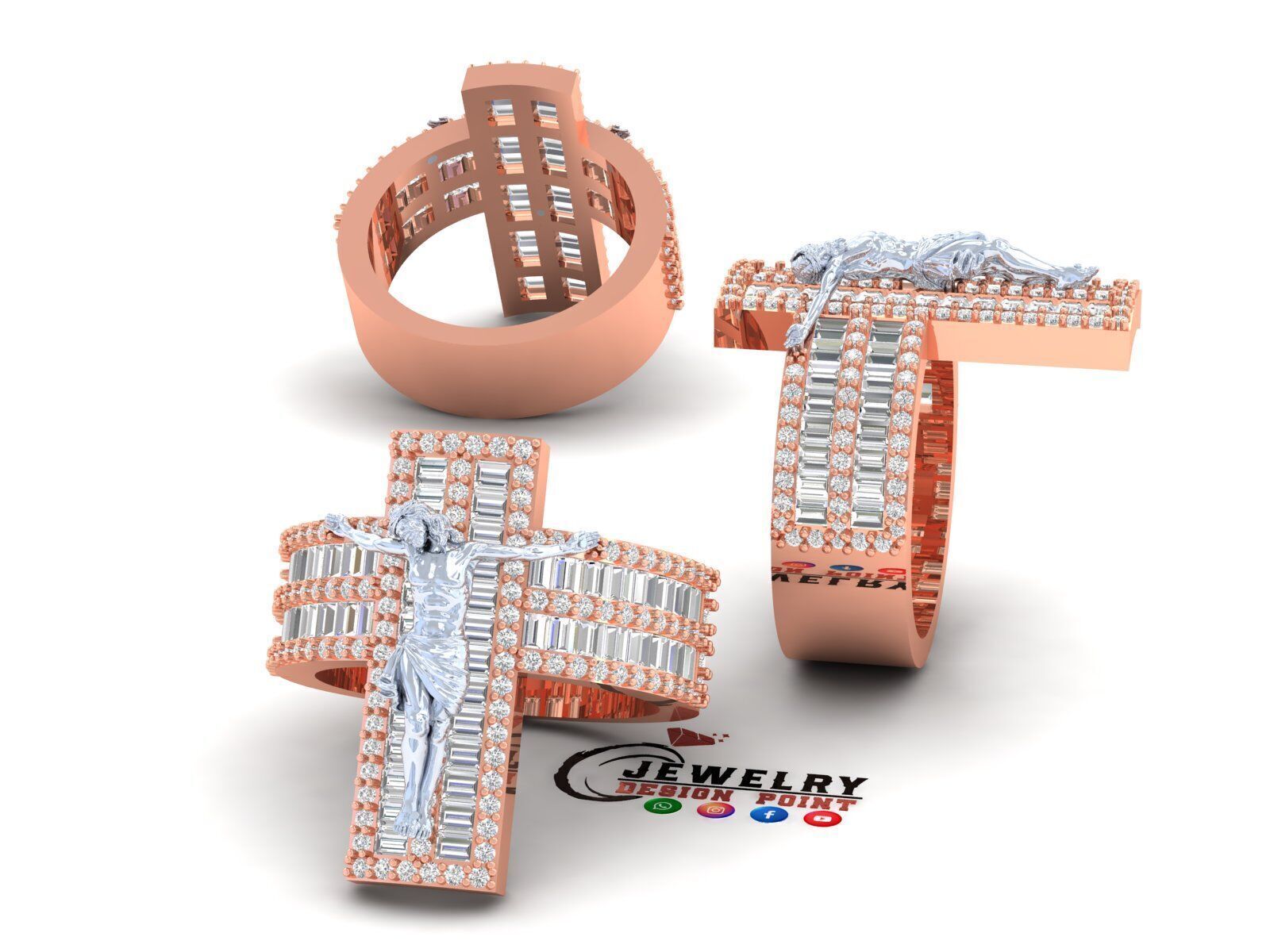 Custom Jesus Cross Ring With Baguette Diamonds - Religion Ring 3D print model_2