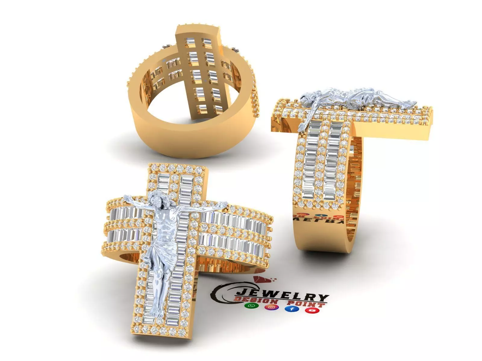 Custom Jesus Cross Ring With Baguette Diamonds - Religion Ring 3D print model_0