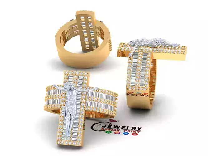 Custom Jesus Cross Ring With Baguette Diamonds - Religion Ring